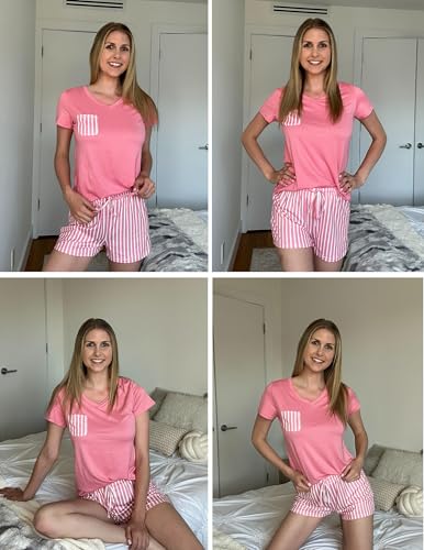 Image of Ekouaer Womens Pajama Sets Short Sleeve Pajamas for Women Sets Soft Lounge Sets Casual V Neck Sleepwear PJS