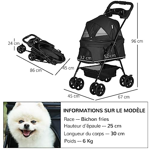 PawHut Buggy faltbar Hund Katze Korb Aufbewahrung Getränkehalter Stoff 300D Oxford wasserdicht 4 Räder schwarz