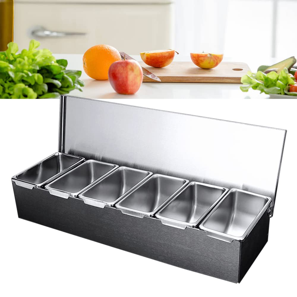 Stazione per pizza a 6 scomparti in acciaio inox con coperchio Erogatore di condimenti refrigerato riutilizzabile contenitore per condimenti per ristoranti catering e feste 45,5 x 15 x 9 cm
