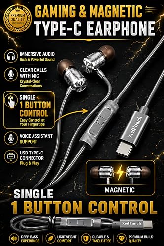 Image of Gaming & Magnetic Type-C Earphone, Wired, with Inline Microphone, Metal Build Silvar Gray