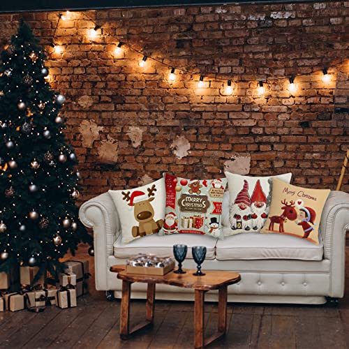 KSSKEN Navidad Fundas Cojines 45×45, Juego de 4 Navidad Fundas de Cojín Decoración Algodón Lino para Hogar Sala Sofá Cama Navidad Decoración 2023