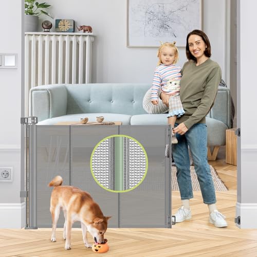 Reinforced 55\" Wide Retractable Dog Gate with Support Beam Extra Tall Retractable Baby Gates for Doorway Mesh Pet Gate Retractable Gates for Dogs Indoor Child Gate Retractable Baby Fence/Barrier