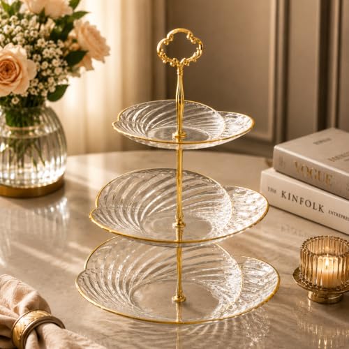 Image of Jamboree 3 Layers Golden Plated Plastic Cupcake Stand Dessert Plate Mini Cake Fruit Candy Display Tower Reusable Layered Set (Flower Cake Stand)