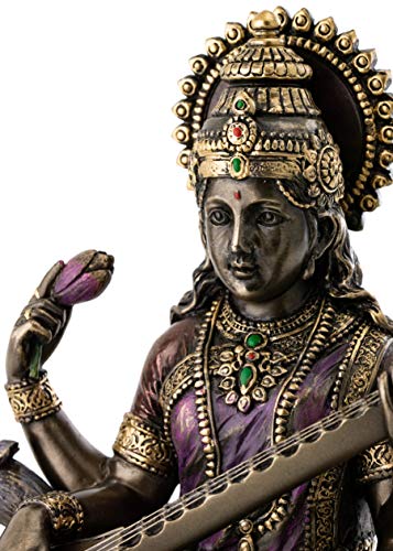 Estatua Saraswati Sentada en Cisne de Bronce 8.5 Pulgadas miniatura 6