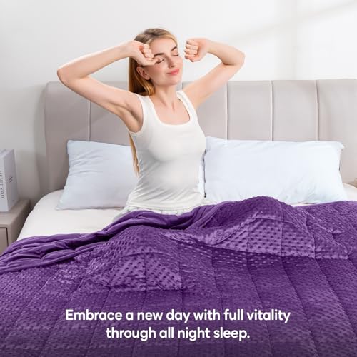 Image of Wemore Minky Dot Weighted Blanket for Adults Queen Size 12 lbs, Soft Cozy Heavy Blanket for Bed and Couch, Breathable Blanket for All-Season with Glass Beads, Purple 60 x 80 inches