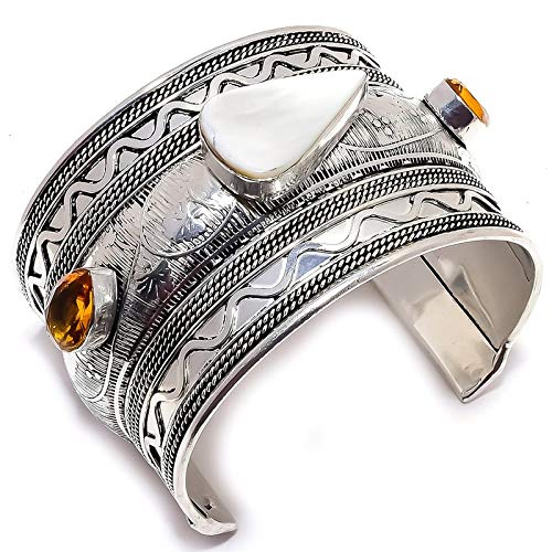 Bracelet nacre blanche citrine jaune manchette ajustable argent femme