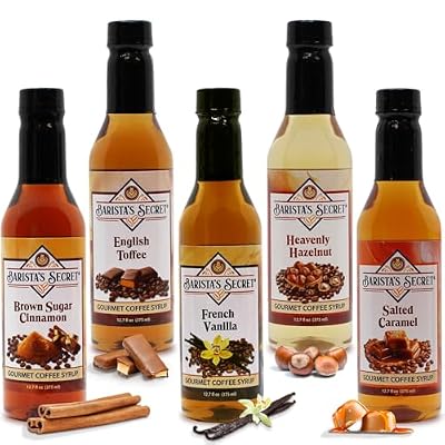 Barista's Secret® Coffee Syrups Variety Pack – Gourmet Flavored Syrup Set for Coffee, Drinks & Desserts – French Vanilla, Caramel, Hazelnut, Toffee, Brown Sugar Cinnamon – 5 Pack, 12.7 oz Each