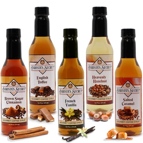 Barista's Secret® Coffee Syrups Variety Pack – Gourmet Flavored Syrup Set For Coffee, Drinks & Desserts – French Vanilla, Caramel, Hazelnut, Toffee, Brown Sugar Cinnamon – 5 Pack, 12.7 Oz Each