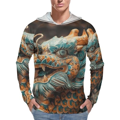 Men's Sun Shirts UPF 50+ Rash Guard Long Sleeve Sun Protection Hoodie Ancient Chinese Dragon Lightweight Shirt S White