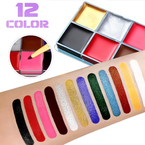 Face Paint Kit, 12 Colors Painting Palette with 10 Brushes Water-Based Body Paint Face Makeup Safe and Easy to Clean for Halloween Carnivals Cosplay Party Stage Performances - Image 4