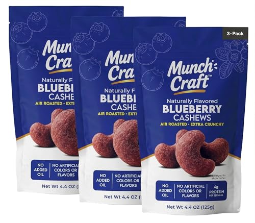 Image of Munch Craft Gourmet Blueberry Cashews (3-Pack) - Perfectly Balanced Flavor (Tangy Berry & Buttery) - Extra Crunchy Air-Roasted Nuts, Oil-Free - No Artificial Colors or Flavors - Three 4.4 oz Bags (13.2 oz Total)