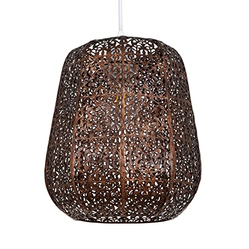 Traditional Moroccan Styled Easy Fit Metal Pendant Light Shade in Matt Bronze Finish with Floral Decoration | 60w Maximum | 27cm Height by Happy Homewares