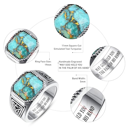 7ct Vintage Teal Turquoise|Emerald|Black Onyx Ring for Men 925 Sterling Silver Men Rings 11mm Square-Cut Mens Cocktail Rings Celtic Pattern Band for Dad Father Size 7-124