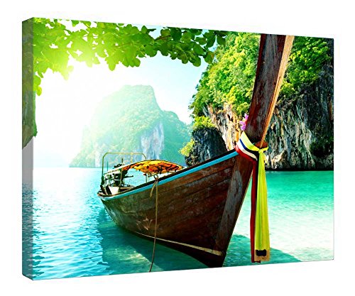 Impression sur toile cadeau idéal long bateau sur une île cadre bois prêt à poser