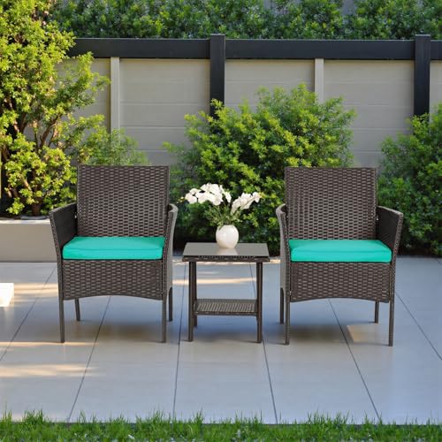 Image of FDW 3-Piece Patio Furniture Set | Brown & Blue | Outdoor Wicker Furniture