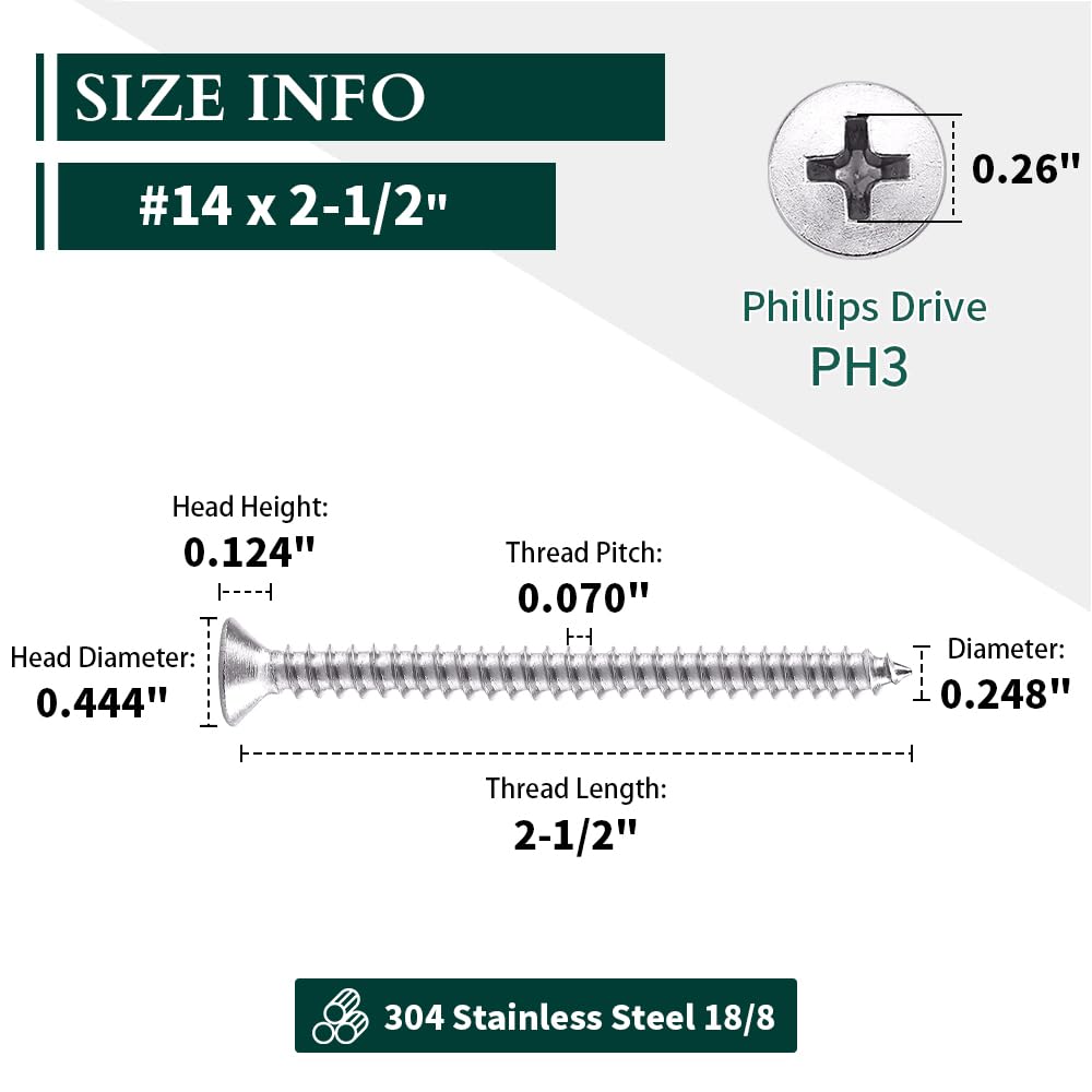 #14 x wkręty do blachy z płaskim łbem, wkręty do drewna Phillips, stal nierdzewna 304 18-8, samogwintujące, 25 szt. od Eastlo Fastener