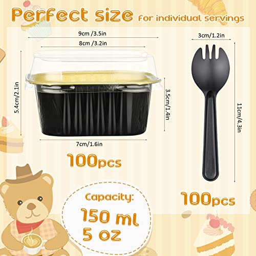 100 Pcs Cupcake Liners With Lids 5Oz Baking Cups Aluminum Foil Mini Cake Pans Disposable Square Cupcake Pans With Plastic Spork For Dessert Bread For Party Wedding Birthday Kitchen (Black Gold) #TOP1