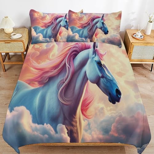 Horse Bed Linen, 3D Printed Children's Boys Girls Bed Linen Set, Soft Breathable Microfibre Bed Linen, 3-Piece Set (B, 220 x 240 cm + 80 x 80 cm x 2)