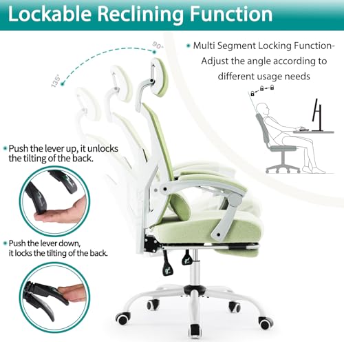 DUMOS Office Desk Chair with Footrest Ergonomic Gaming Chair for Adults Computer Mesh, Lumbar Support,Swivel Reclining with Headrest, Comfy Armrest for Home, Office, Work, Study, Light Green - Image 5