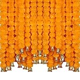 Marubhumi 5-PC Artificial Marigold Flower Garland – 4.5 Feet Long Strands with Bells | Mango Color | Diwali, Wedding, Home, and Christmas Décor