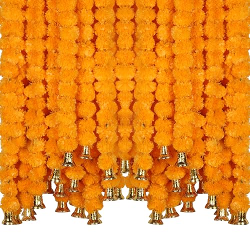 Marubhumi 5-PC Artificial Marigold Flower Garland – 4.5 Feet Long Strands with Bells | Mango Color | Diwali, Wedding, Home, and Christmas Décor