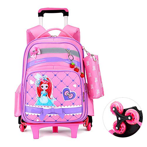Bolso De La Carretilla Niños Mochila - 3D Princesa Girls School Bolsa - Mochila Mochila del Balanceo De Los Niños con 2/6 De Ruedas Y Telescópicas -Bolsas Mochilas Pink-6 Rounds