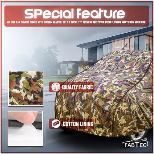 Image of FABTEC Car Body Cover for Tata Tiago Jungle Print with Soft Cotton Lining Waterproof Car Cover UV & Rain Protection with Mirror and Antenna Pocket Bottom Elastic (Military /Camouflage Pattern)