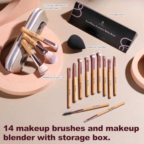 Image of BS-MALL 14 Pcs Makeup Brushes Set with 1 Pcs Makeup Sponge - Essential Foundation Powder Concealers, Eye Shadows, Blush Makeup Brushes with Travel Makeup Case (Bamboo)