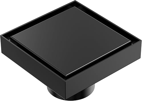4 Inch Square Shower Floor Drain, SUS304 Stainless Steel with X-Shaped High Flow Channel, Anti-Clogging Hair Strainer, No Hub Required, Matte Black