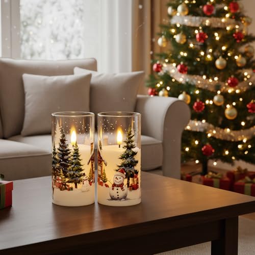 Image of KunSween Christmas Candles with Remote Timer, Set of 2 LED Glass Flameless Candles Battery Operated with Cedar, Snowman, Reindeer, Snowy House Decals for Holiday Winter Party Home Decor(D6 inch x H3 inch)