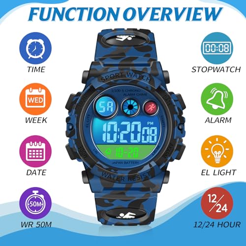 Dayllon Kids Digital Watch,Boys Digital Outdoor Sport Waterproof Watch,with Calendar 12/24H Alarm 7 Colorful Backlight Stopwatch Wristwatch for 3-15 Years Old2