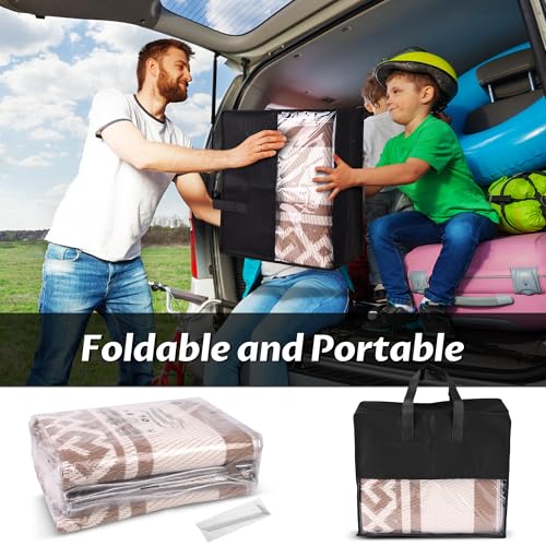Image of Pafolo 5'x8' Outdoor Rug with LED Lights, Waterproof Plastic Straw Rug Reversible, Patio Rug with 4 Rug Stakes, Outside Carpet Mat for RV, Camping, Porch, Beach, Balcony, Picnic, Brown&White
