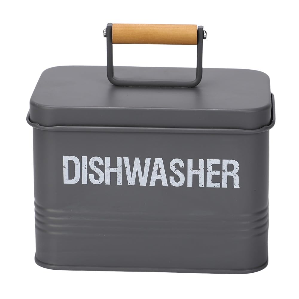 Daniel James Housewares Grey Dishwasher Tablet Storage Tin, Storage Container With Lid & Handle, Vintage Steel Kitchen Storage Caddy With Lid,