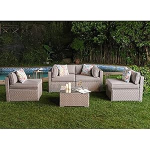Cosiest 5 piece outdoor furniture set warm gray wicker sectional sofa w thick cushions glass coffee table 4 floral fantasy pillows for garden pool backyard  urban country home decor