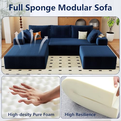 Image of 96 inch Modular Sectional Sofa with Ottoman, Modern Corduroy Cloud Couch with Deep Seat, Boneless Couch Upholstered 3-Seater U-Shaped Sofa for Living Room, No Assembly (Blue, Left-Facing Chaise)