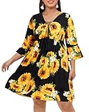 Plus Size Sunflower Dress Women Boho Floral V Neck Casual Summer Beach Short Mini Bell Sleeve Tunic Flowy Sun Dresses