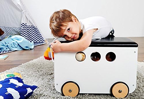 Pinolino Jim toy box, made of wood and faux leather, with pull cord and rubberised wooden wheels, removable lid, from 3 years old, painted white / faux leather black