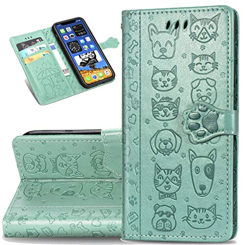 ZYZX iPhone 12 - Funda para iPhone 12 (6,1 pulgadas), diseño de perro de gato con ranura para tarjetas de crédito y soporte magnético a prueba de golpes, funda protectora para iPhone 12 MG (verde)