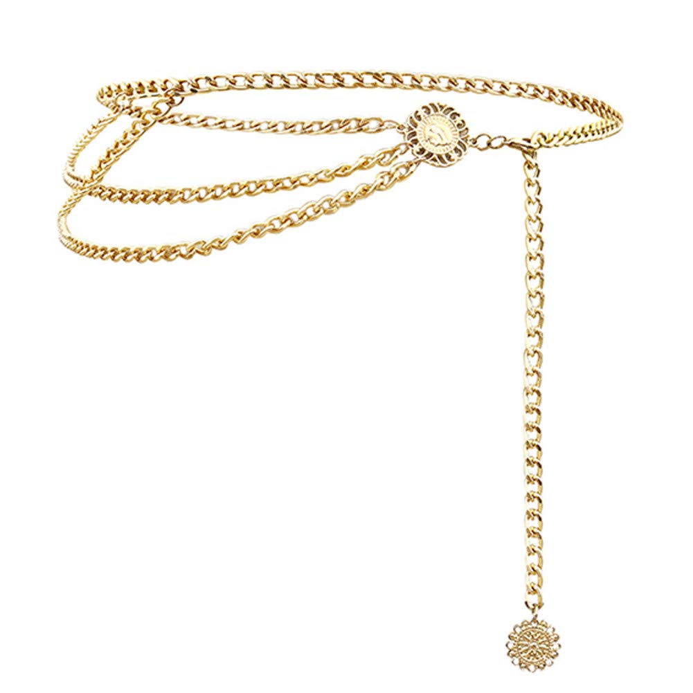 Women’s Adjustable Golden Waist Belt For Jeans Dresses Retro Three-layers Alloy Body Chain Waistband for Girls (Gold 1)