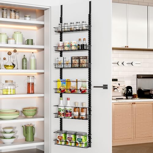 Churboro Over the Door Pantry Organizer Rack with 6 Adjustable Baskets, 6 Tiers Dual-use Spice Rack- Hanging or Wall Mount Spice Rack, Pantry Door Organizer, Black by Churboro - Used condition - US$24.69