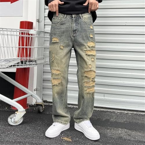 Men's Street Style Ripped Loose Straight Jeans American Retro High Street Trousers4