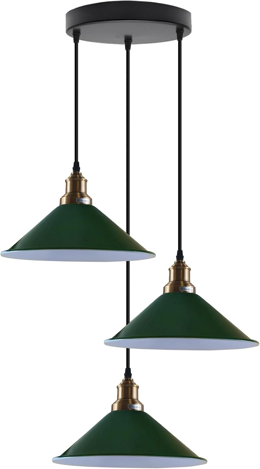 LEDSone 3-Light Pendant Light Fixtures Farmhouse Kitchen Island Light Fixture Industrial Hanging Pendant Lighting for Dining Room Metal Cone LampShade Pendant Ceiling Lamp E26 Base (Green)