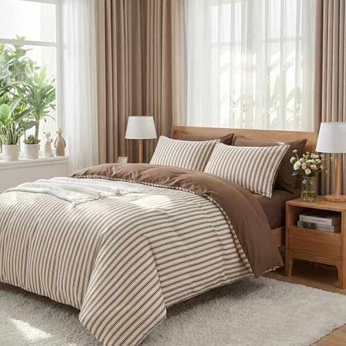 Image of Nayoroom Striped Duvet Cover Queen Reversible Beige Brown Stripe Bedding