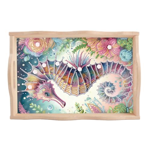 Image of AiYuanzsh 5D Diamond Art Tray with Handle for Adults DIY Diamond Art Plate Kits Seahorse Picture Diamond Art Painting Dinner Plate for Coffee Living Room Home Organizer Parties Family Gatherings