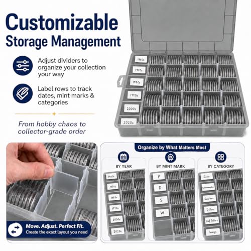 Image of FULLCASE Coin Capsules for Collectors, 168-Piece Storage Case,Fits 20-46mm | 6-Size Foam Gaskets,for Silver Dollars Eagles&Foreign Coins,Airtight Coin Storage Box,Organizer Collecting Supplies Grey