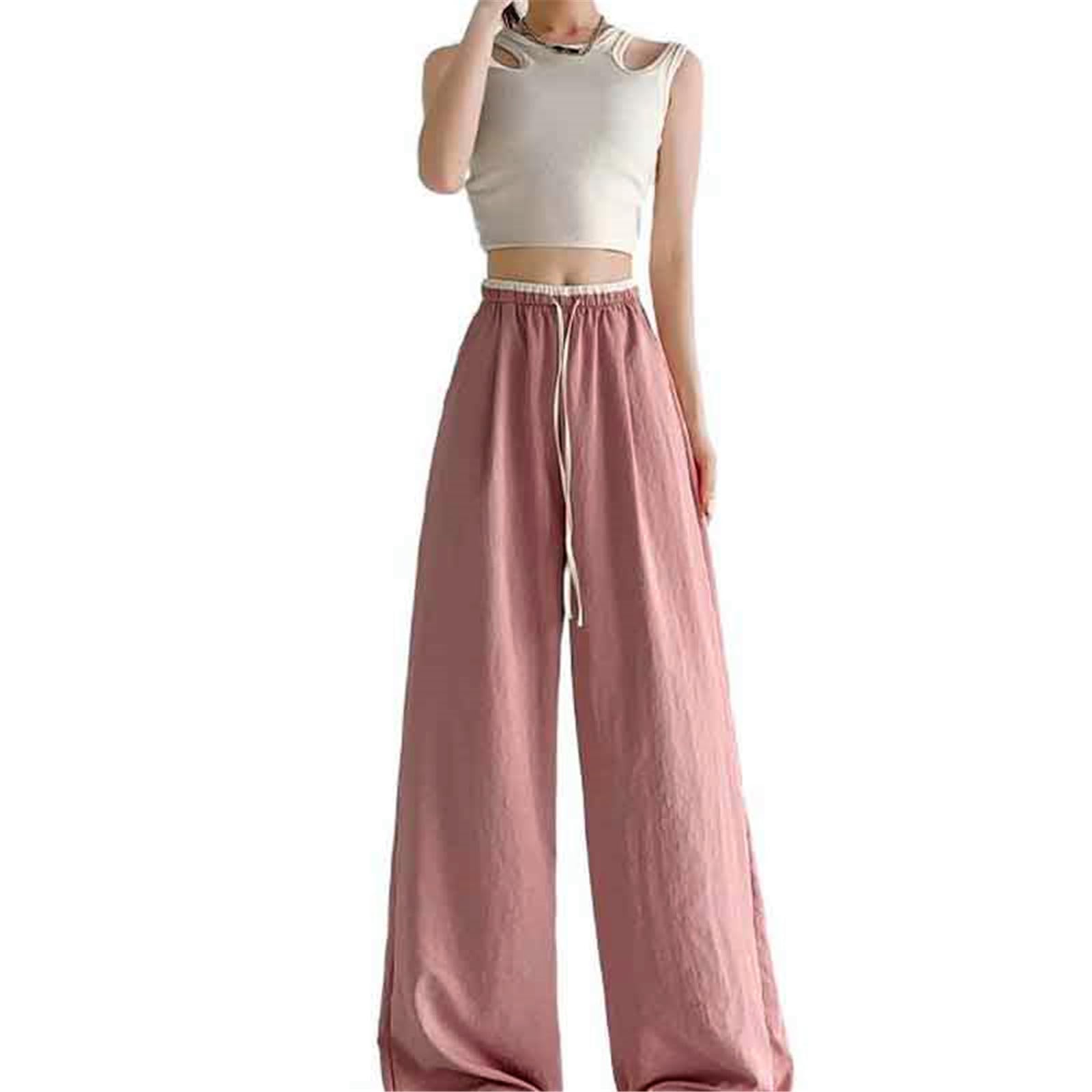 Womens Pants Summer White Quick-Dry Ice Silk Wide-Leg Trouser for Women-pink01-X-Small