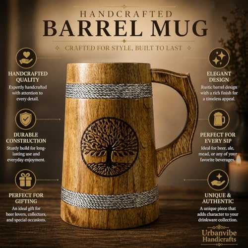 Image of Handmade Wooden Beer Mug, Wood with Sheesham Finish, Barrel Style, Lightweight & Durable, for Craft Beer, Home Bar, Cafe, Party, Gift(350ml) (Tree Inprint)