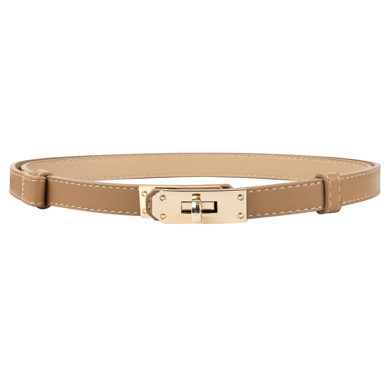 FACHOI Women Skinny Leather Belt, Adjustable Slim Thin Belt Alloy Turn Lock Buckle Belt Fashion Slim Thin Waistband for Dresses Jeans Pants Coat F4-SKYD (Khaki)