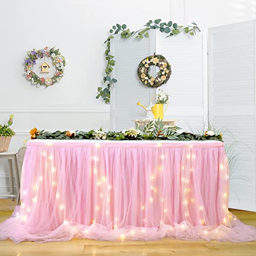 HBBMAGIC Jupe de Table en Tulle Rose avec lumière, Jupes de Table en Tulle de 1,83 m de Long pour Fête de Mariage, Anniversaire, Baptême, Baby Shower, Brial Shower