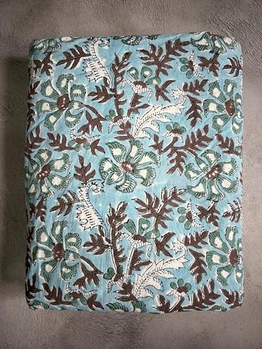Image of Jaipur Floral Print Hand Block Printed Fabric by The Yard - Soft Cotton Material with Floral Design, Aqua and Brown - Ideal for Sewing, Quilting, Dressmaking, and Home Decor (7 Meter)